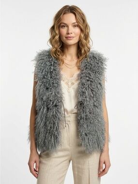 Curly Mongolian Lamb Fur Suede Tie Front Vest Blue Gray M